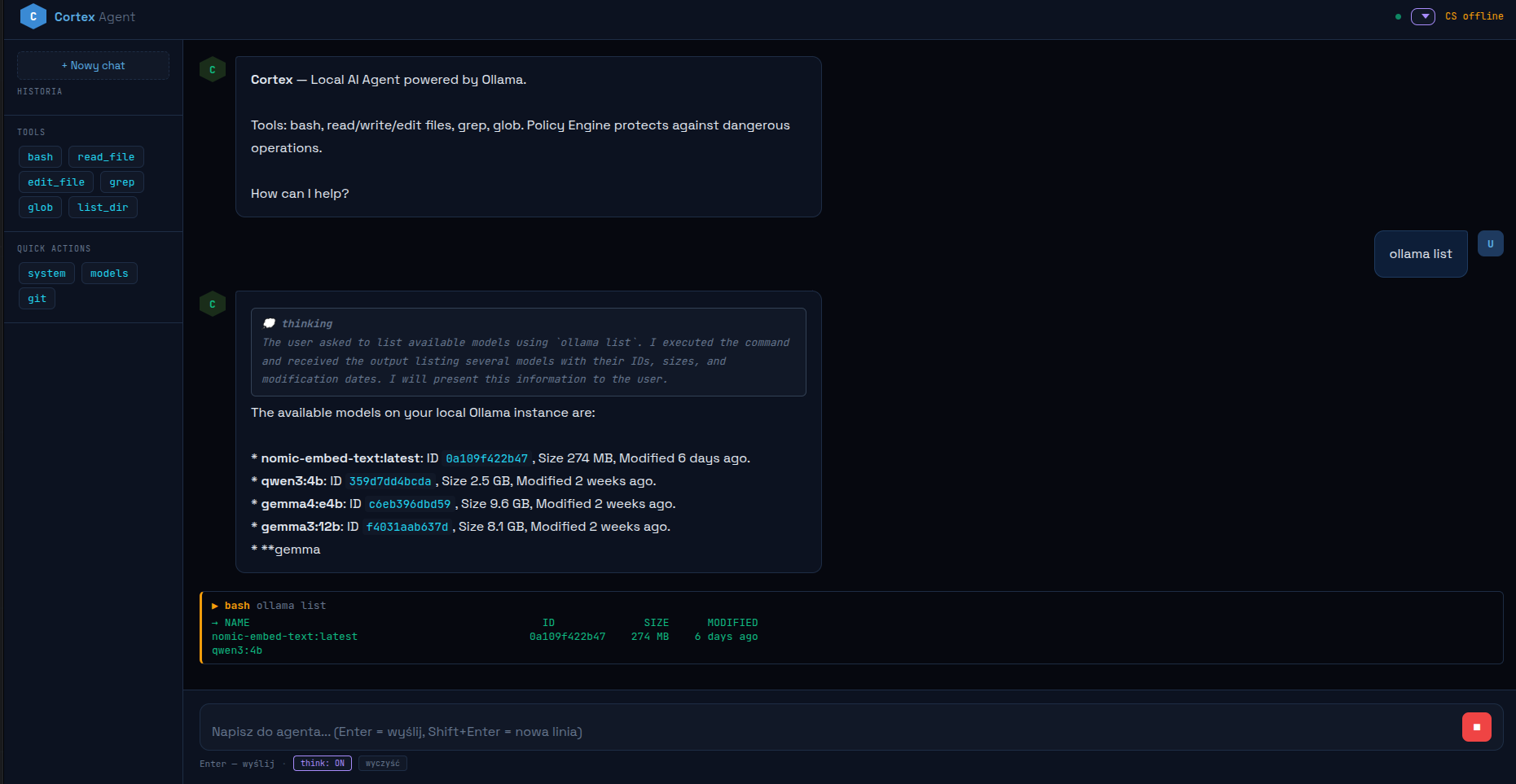 Cortex Web UI showing a chat interface: user prompt 'ollama list', visible chain-of-thought, agent answering with markdown-formatted list of locally installed Ollama models including IDs, sizes, and modification dates. Tool execution box at the bottom shows the underlying bash ollama list call